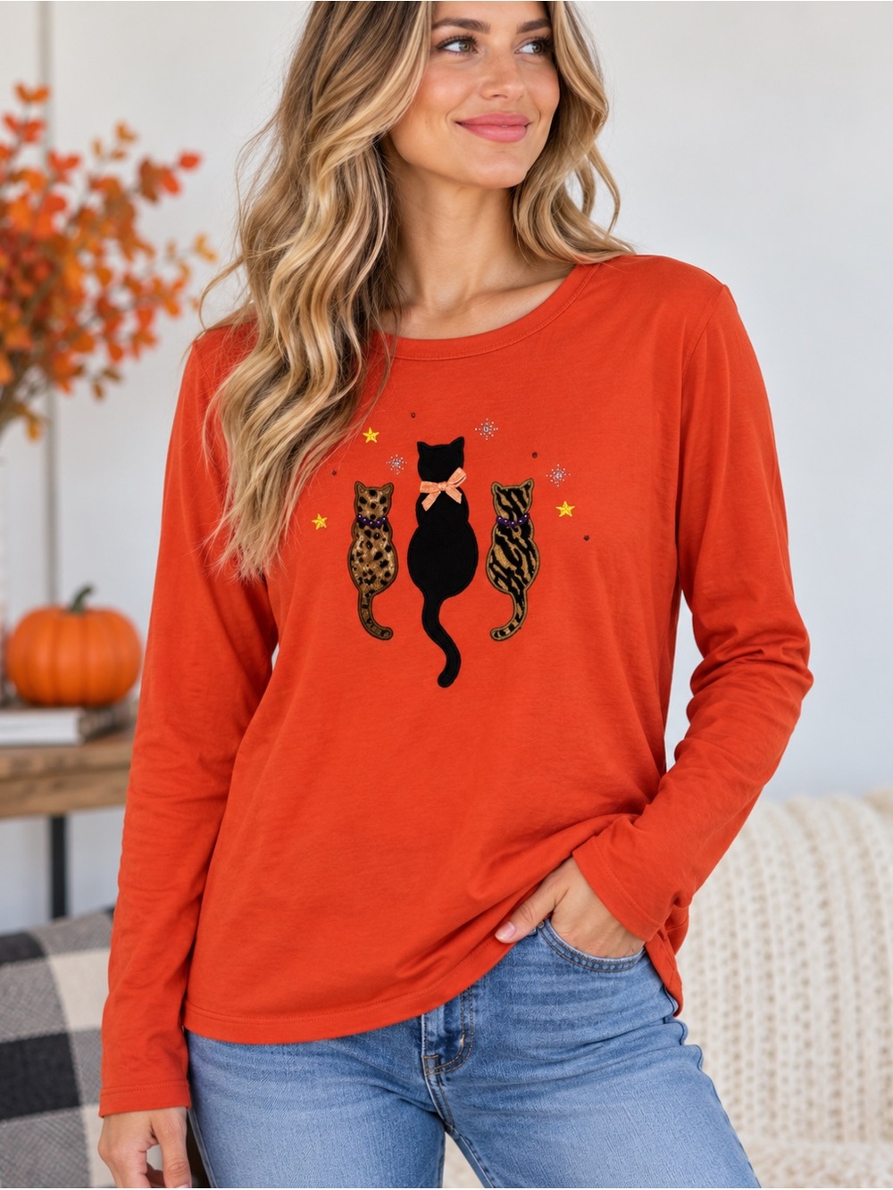 Mercer Street Studio Cat Appliqué Orange Long Sleeve Top L NWT